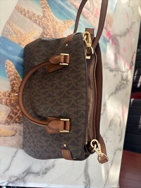 Michael Kors Brown Monogram Duffel with Tan Leather Trim